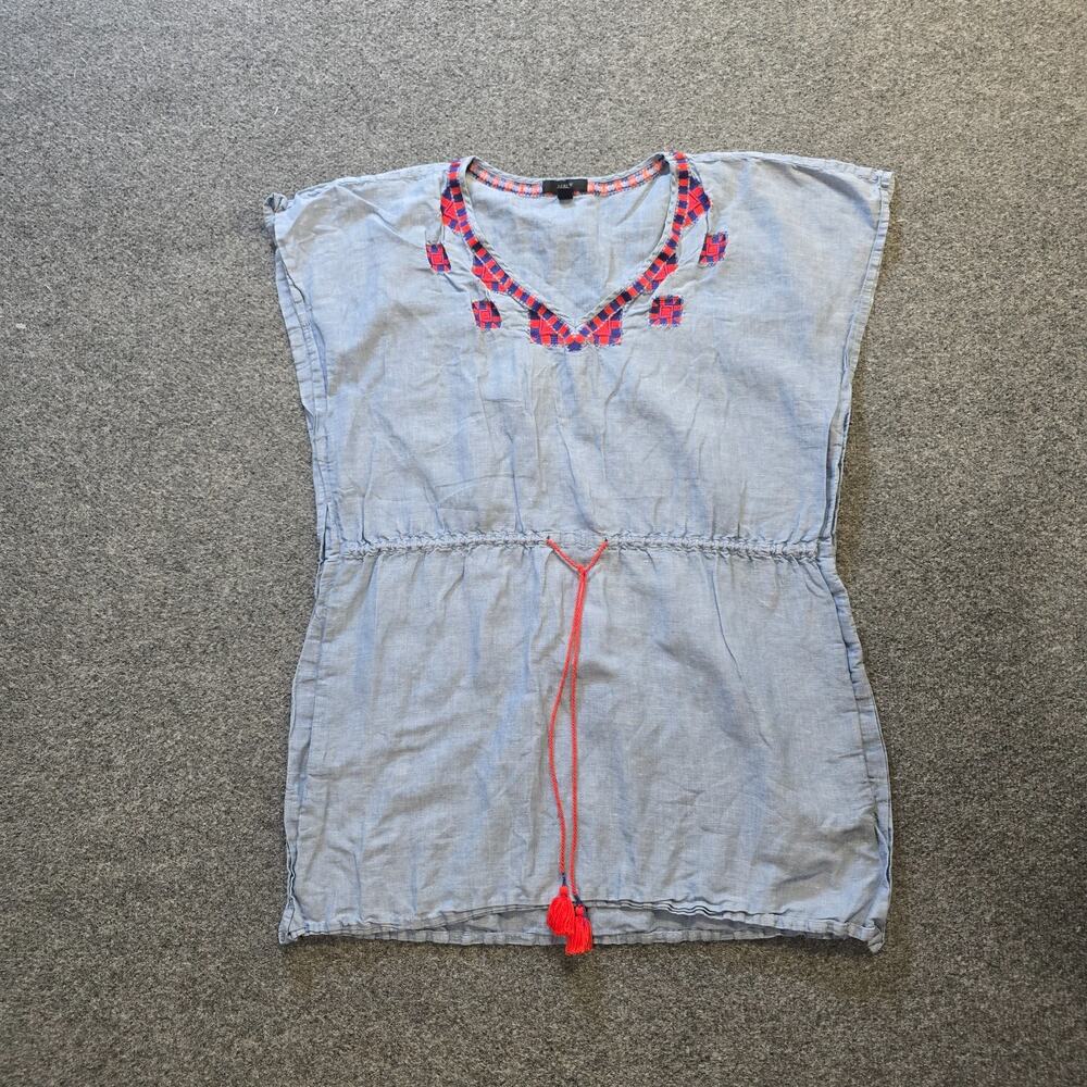 J Crew Top Womens Size Small Blue Linen Blend Embroidered Tunic Western Casual